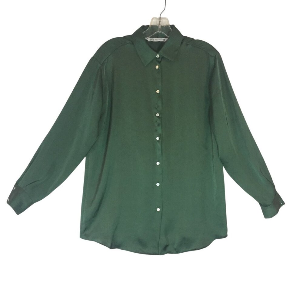 Zara Womens XS Button-Up Long Sleeve Blouse Green Polyester Career Business